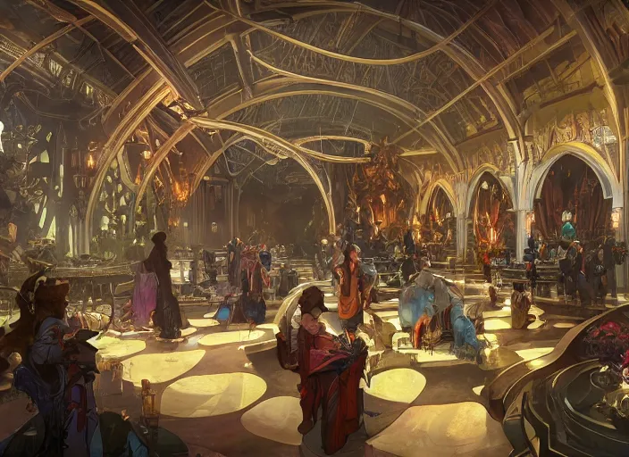 Image similar to arcane themepark interior designed by todd white, rendered by artgerm and greg rutkowski and alphonse mucha