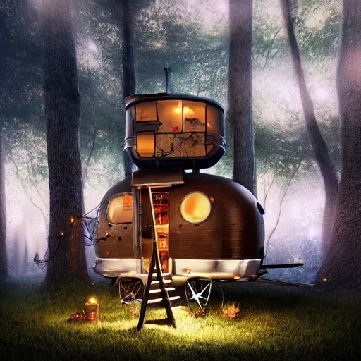 Image similar to treehouse made of a vintage airstream, fairy lights, fine art, cinematic lighting, hyperdetailed, photorealistic, high resolution, cozy!, award winning, featured in artstation, octane render