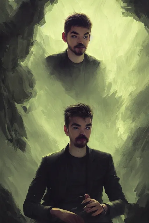 Image similar to a fancy portrait of the YouTuber jacksepticeye by Greg Rutkowski, Sung Choi, Mitchell Mohrhauser, Maciej Kuciara, Johnson Ting, Maxim Verehin, Peter Konig , mythical, 8k photorealistic, cinematic lighting, HD, high details, atmospheric,