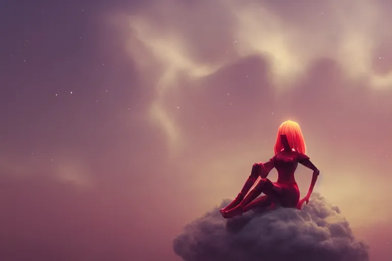 Image similar to a cute robot girl sitting on a cloud relaxing, misty, digital art, hazy, foggy, red lighting, ambient lighting, 8 k,