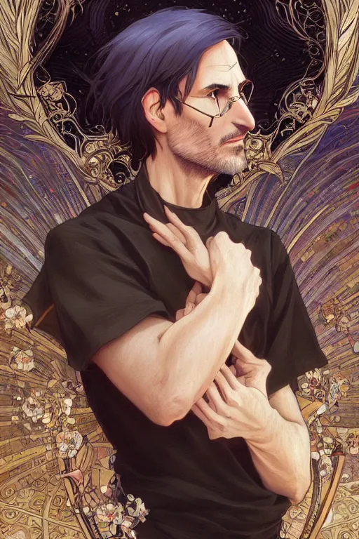 Image similar to steve jobs as an anime character, portrait, fantasy, intricate, elegant, highly detailed, digital painting, artstation, concept art, smooth, sharp focus, illustration, art by gaston bussiere and alphonse mucha