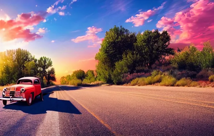 Image similar to A beautiful colorful evening scene of route66, old road with abandoned gas station and rusty old pickup truck, hyper realistic, blinding backlight evening sun, sparkling sun rays, epic scene, intense setting, evening vibe