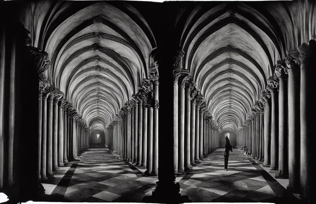 Image similar to cloister quadrangle vertiginous intact flawless ambrotype from 4 k criterion collection remastered cinematography gory horror film, ominous lighting, evil theme wow photo realistic postprocessing sinister knights reversible literal illusion photograph by ansel adams