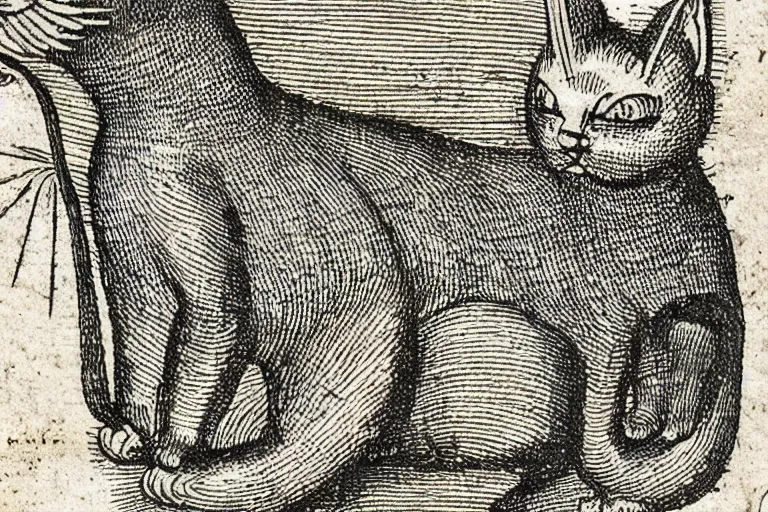 Prompt: Detail from Nuremberg Chronicle, 1493, of a cat, Liber Chronicarum illustration by Michael Wolgemut