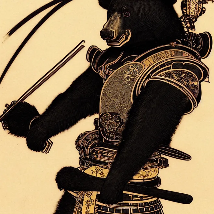 Prompt: anthropomorphic samurai asian black bear in space suit, fantasy, intricate, highly detailed, lifelike, photorealistic, digital painting, artstation, illustration, concept art, smooth, sharp focus, art by alphonse mucha and kitagawa utamaro and ogata korin and aya takano