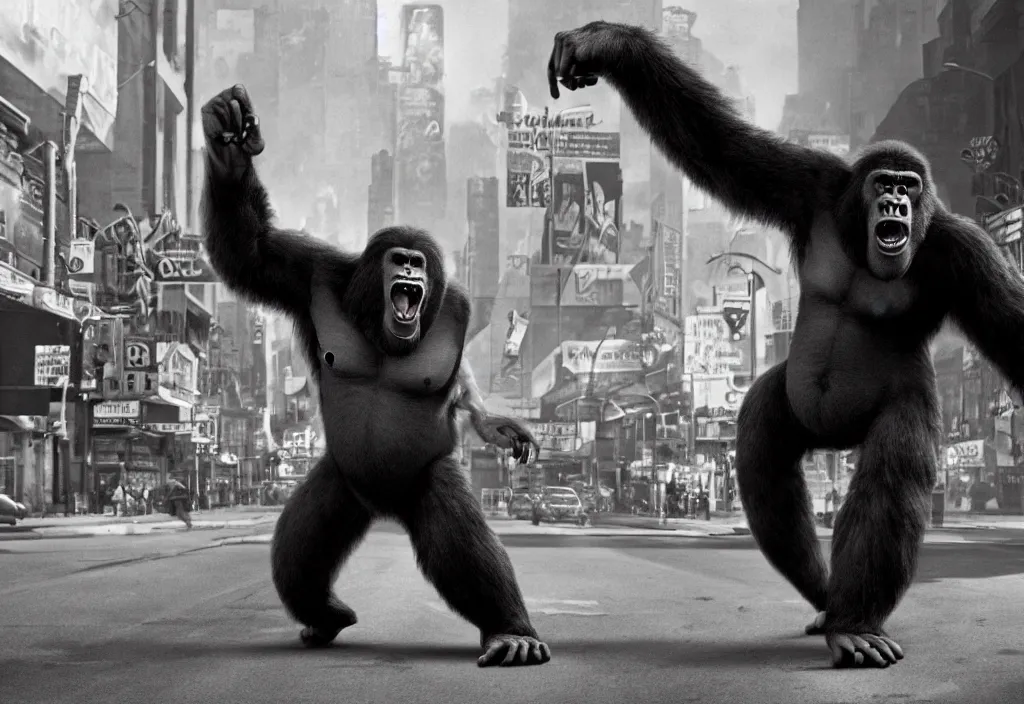 Image similar to An king Kong rage on street, Hollywood scene , cinematic , full color