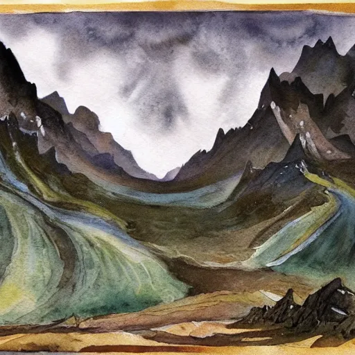 Prompt: middle earth landscapes by j. r. r. tolkien, watercolor,