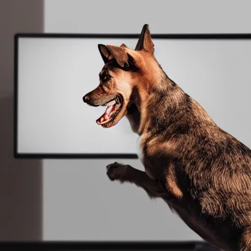 Prompt: barking angry dog looking at monitor photo dramatic lighting