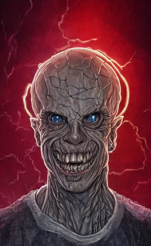 Image similar to full body portrait of Vecna from stranger things in the upside down, dynamic lighting, photorealistic, fantasy concept art, ambient lighting, atmospherical, stunning visuals, creative, cinematic, ultra detailed, trending on art station