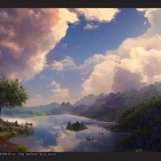 Image similar to peaceful puffy clouds, matte painting, concept art, 4k