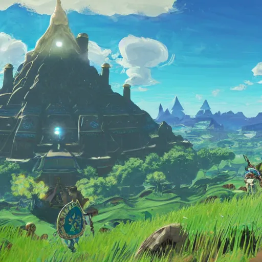 Image similar to detailed scenery from the legend of zelda breath of the wild, breath of the wild art style.