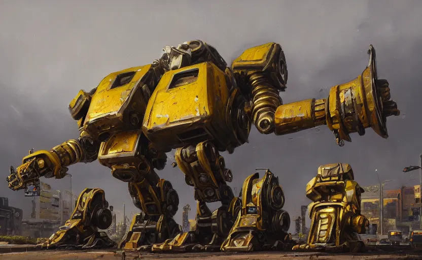 Image similar to an intricate oil painting of a giant armored plated metal mecha, croud, cars, by simon stalenhag, rust, yellow and black trim, trending on artstation, hdr, 8 k