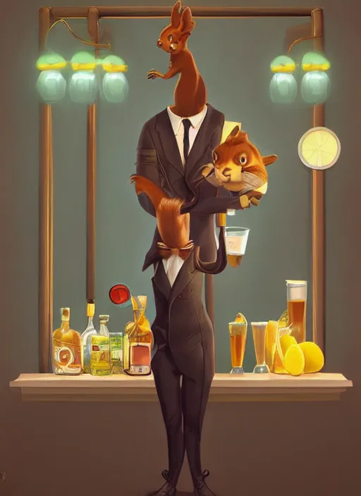 Image similar to squirrel anthro as a dapper bartender with a big fluffy tail, retro futurism, art deco, detailed painterly digital art by WLOP Cory Loftis, 🐿🍸🍋, furaffinity, trending on artstation