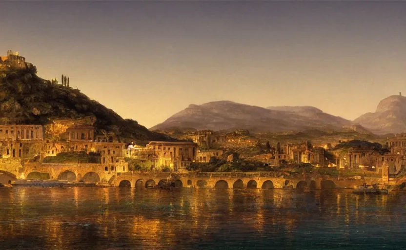 Prompt: large roman port city with a castle on a hill overlooking the ocean, at dusk, distant mountains, 4k, rule of thirds, extreme detail, hazy water, intricate ink illustration, trending on artstation, cgsociety, hd, calm, complimentary colours, realistic lighting, by Albert Bierstadt, Frederic Edwin Church.