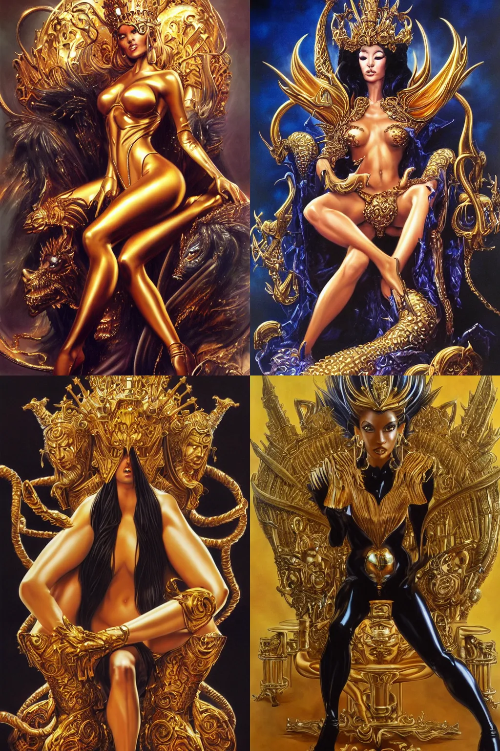 Prompt: an amazing airbrush painting of a beautiful golden queen, seated legs spread over a craftily worked black throne in a fantasy land, by hajime sorayama and boris vallejo, realistic, detailed, dynamic, centered, trending on artstation,