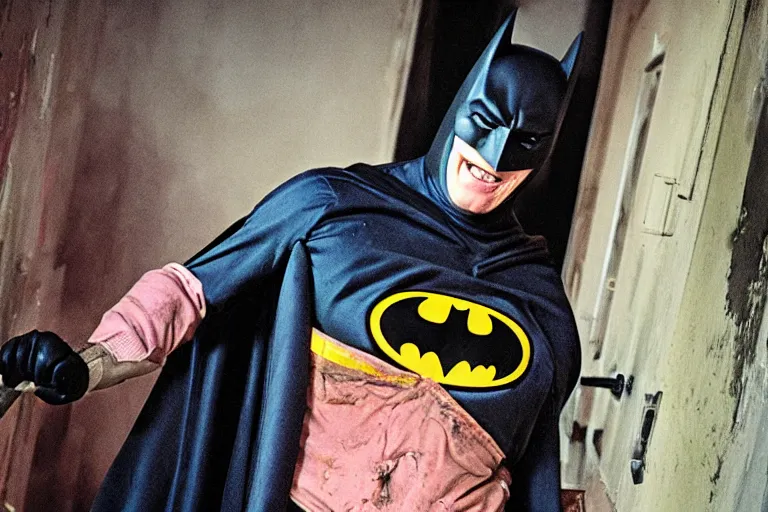 Prompt: michael keaton batman covered in beer wearing pink apron wielding an axe, chasing through old brown decrepit hallway, creepy smile, atmospheric eerie lighting, photorealistic face, dim lighting, bodycam footage, motion blur, photography