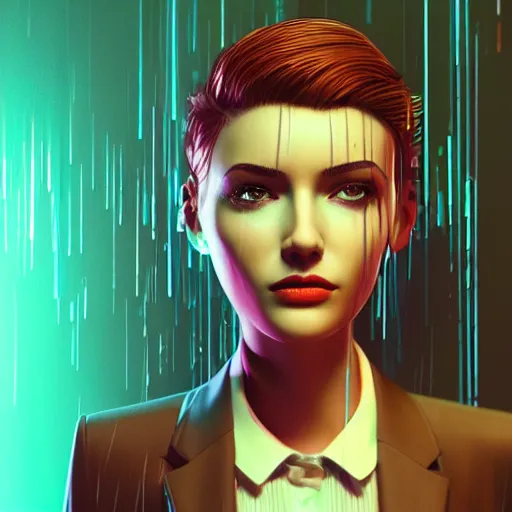 Prompt: cinematic cartoon women portrait made out of rain, pinstripe suit, short hair, cyberpunk background, rendered in octane, unreal engine, highly detailed, trending on artstation, realistic, splashes of neon, beautiful