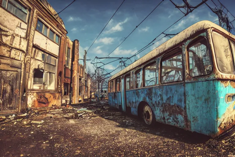 Image similar to low wide angle shot of dilapidated fallout 5 europa, temperate european hamlet, desolate, dilapidated neon signs, few rusted retro futuristic vintage parked vehicles like cars, buses, trucks, trams, volumetric lighting, photorealistic, daytime, autumn, sunny weather, sharp focus, ultra detailed, 4 0 0 0 k