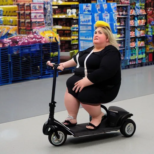 Prompt: morbidly obese paris hilton in a walmart scooter, walmart greeter