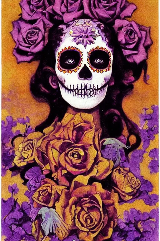 Prompt: illustration of a sugar skull day of the dead girl, art by maxfield parrish