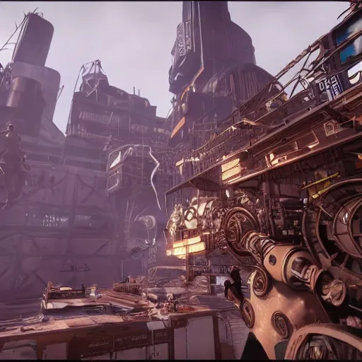 Prompt: 3 rd person game still of a steampunk first person shooter game set in an overpopulated sci - fi steampunk city, flying steampunk airships and vehicles, unreal engine 5