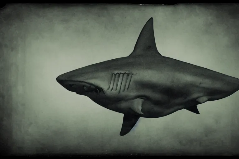 Prompt: giant shark cursed by the bite, trending on artstation, dark atmospheric lighting rear view sacred geometry, tintype, portrait, positivism, tachisme