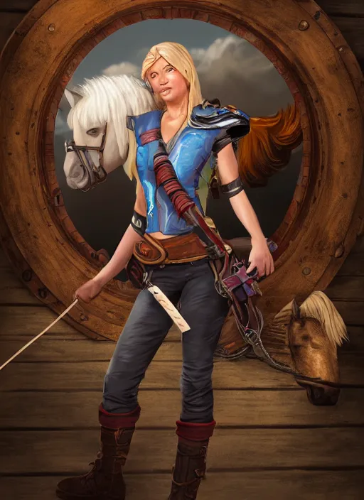 Image similar to An epic fantasy comic book style portrait painting of tall blonde haired female sky-pirate with a serious face and a pony tail in front of a metal gangplank in the style of the wheel of time, unreal 5, DAZ, hyperrealistic, octane render, cosplay, RPG portrait, dynamic lighting