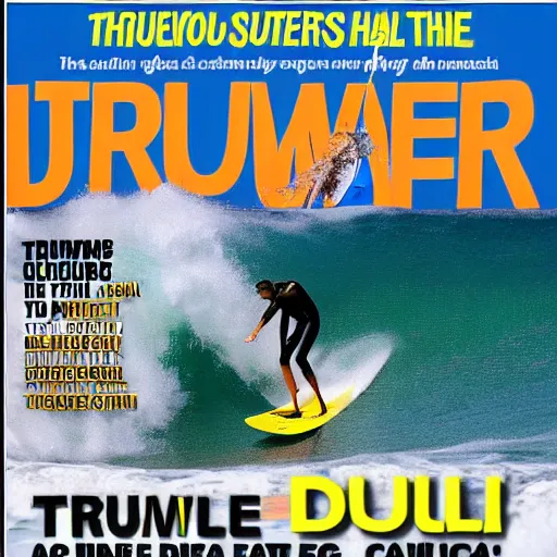 Image similar to donald trump catching a wave, cover of surfer magazine, july 2 0 1 1