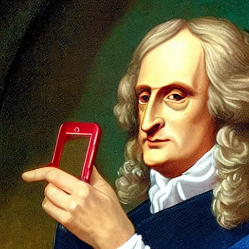 Prompt: isaac newton using a smartphone, very detailed face