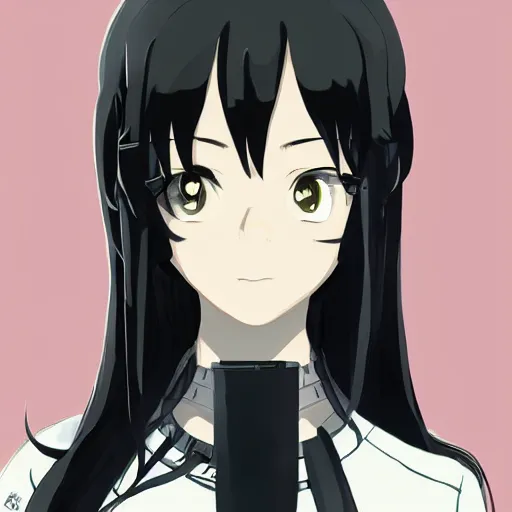 Image similar to upper body portrait of a beautiful girl with long black hair, wearing black riot gear, holding AR-15, drawn by Makoto Shinkai, in the style of Studio Key, attractive character, colored sketch anime manga panel, trending on Pixiv