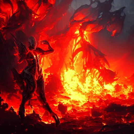 Image similar to A firey, hellish world with black ivory skeletons, dynamic lighting, cinematic, ultra detailed, creative, stunning visuals, hyperrealism, trending on art station