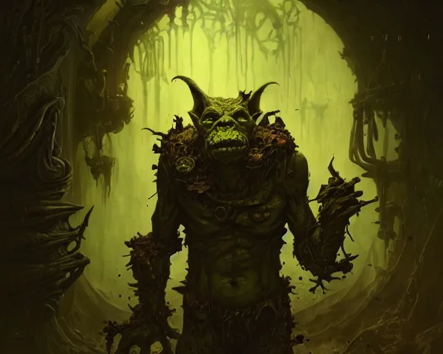 Image similar to 4 k cinematic still portrait of a goblin in a dark liminal space room, nurgle, deep focus, d & d, fantasy, intricate, repulsive, highly detailed, digital art, art station, concept art, matte, sharp focus, illustration, dark fantasy art, hearthstone, art by artgerm and greg rutkowski and alphonse mucha