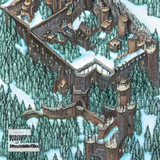 Prompt: An isometric overhead view of a narrow valley, winter time, dark pine trees, a tall castle guarding one end of the valley, fantasy style, D&D sourcebook, hyper detailed, high quality