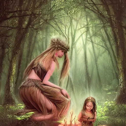 Image similar to sensual girl warrior making a ritual with her daughter in a magical forest by leesha hannigan, fantasy, highly detailed faces, artwork