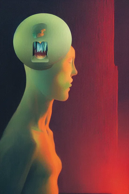 Image similar to woman wearing oculus and digital glitch head edward hopper and james gilleard, zdzislaw beksisnski, higly detailed