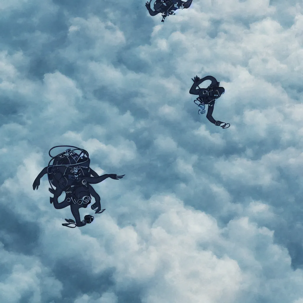 Image similar to a scubadiver floating above the clouds, closeup, digital illustration