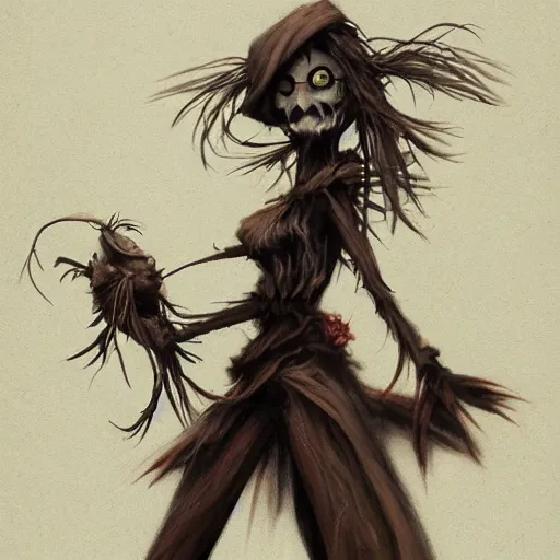 Image similar to concept art of a scary lanky female scarecrow, artstation, pencil