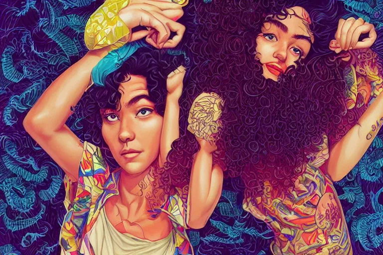 Image similar to a hispanic girl with medium length curly hair, and a short - bearded mixed race man with short curly hair, tristan eaton, victo ngai, artgerm, rhads, ross draws