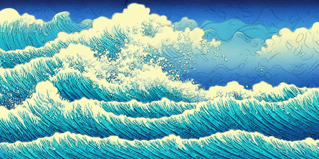 Prompt: clouds and waves, An aesthetically pleasing, dynamic, energetic, lively, well-designed digital art of a beach, ripples, waves, sea foam, light and shadow, overlaid with aizome patterns, Shin-hanga by Bob Ross, traditional Japanese colors, superior quality, masterpiece