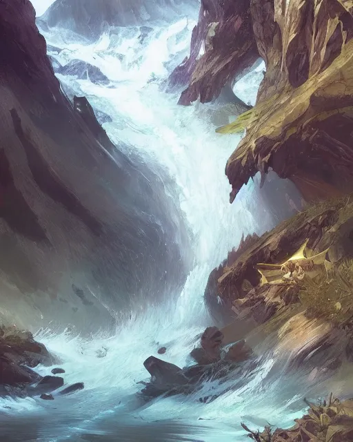 Image similar to ''a very mediocre and not so detailed portrait of a river running through the plains, league of legends, lol, fantasy, d & d, digital painting, artstation, concept art, illustration, art by greg rutkowski and alphonse mucha''