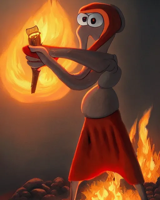 Prompt: squidward ( anthropomorphic squid ) wearing fire nation clothing and practicing firebending outside at susnset, [ greg rutkowski ]