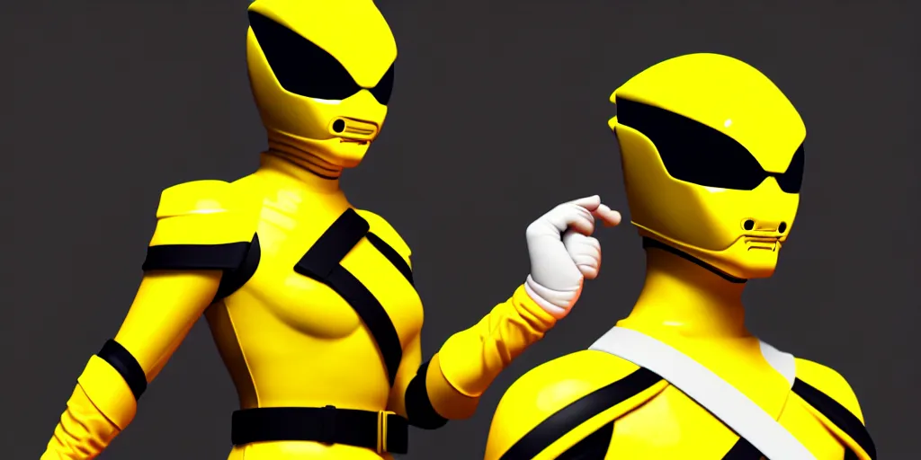 Image similar to symmetry!! portriat, yellow ranger, samurai, asian, artstation, art by murata, art by oda echiiro, lightning helmet, 3 d, jumpsuit, tracksuit, yellow, gloves, logo