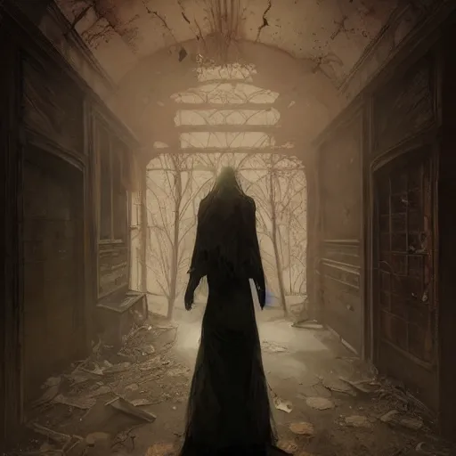 Image similar to shadowy spirit in abandoned hospital hallway, horror, creepy, intricate, elegant, highly detailed, digital painting, artstation, concept art, smooth, sharp focus, illustration, art by artgerm and greg rutkowski and alphonse mucha