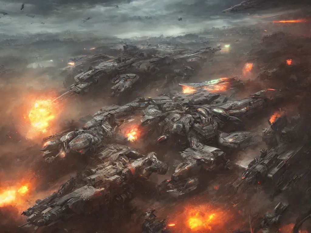 Image similar to ariel view, wide angle view, war mechs fighting, mech battlefield battling, wartorn, desolate gloomy planet, science fiction, by andree wallin