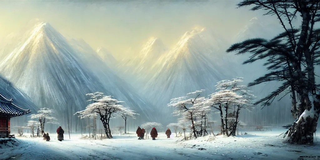 Image similar to beautiful chinese forest and a alaskan tundra snow covered landscape, with a quant village peaceful painted by greg rutkowski, makati shinkai, james gurney, wlop