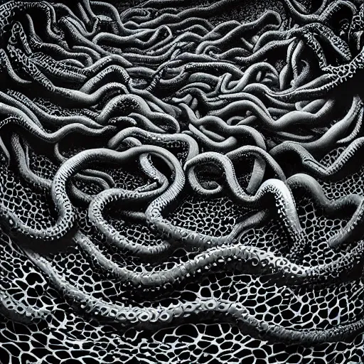 Image similar to “a swarm of black tentacles underwater, underwater photography, trending on artstation, crepuscular rays, deep blue dark water background, abyss, horror”