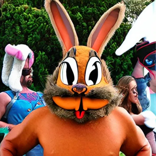 Prompt: Danny Trejo as Bugs Bunny from Looney Tunes, live action movie, set photo in costume, cosplay, photograph