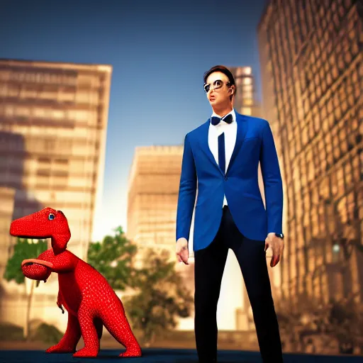 Prompt: a man with an elegant blue suit, photography, 3 d render, at night, buildings, dinosaur, strawberries