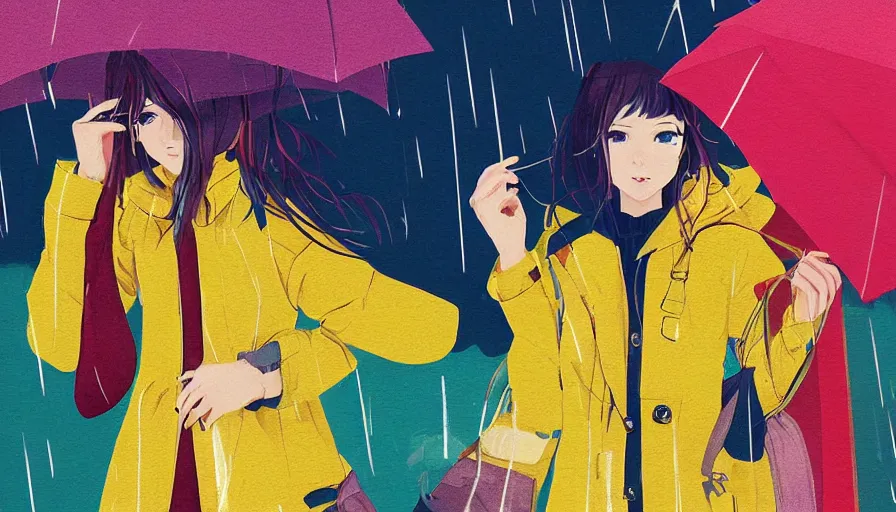 Image similar to girl in a yellow coat standing in the rain holding a small pocket watch, thick outlines, bright colors, geometric shapes, digital art, hard edges, detailed, anime style, art by sora kim, rinotuna, ilya kuvshinov