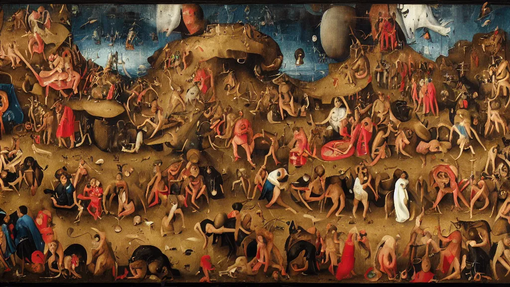 Image similar to A Jeopardy-style retro game show hosted by Satan in a colorful suit, being recorded before a studio audience in the middle of Hell, in the fashion of Hieronymus Bosch, oil on canvas, painting, 4k, wide shot